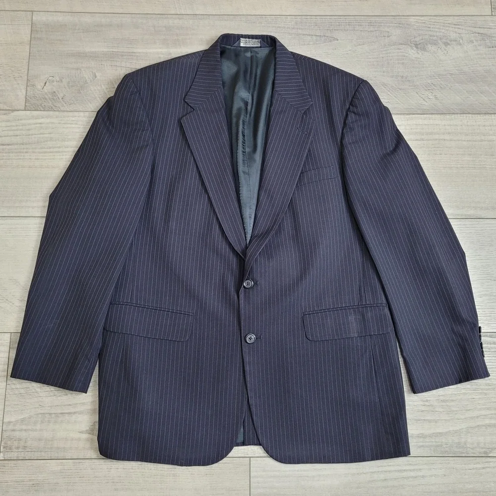 Vintage‎ Lands' End Suit Mens 42R Coat/38x29 Pants 100% Wool Blue w/Pinstripe